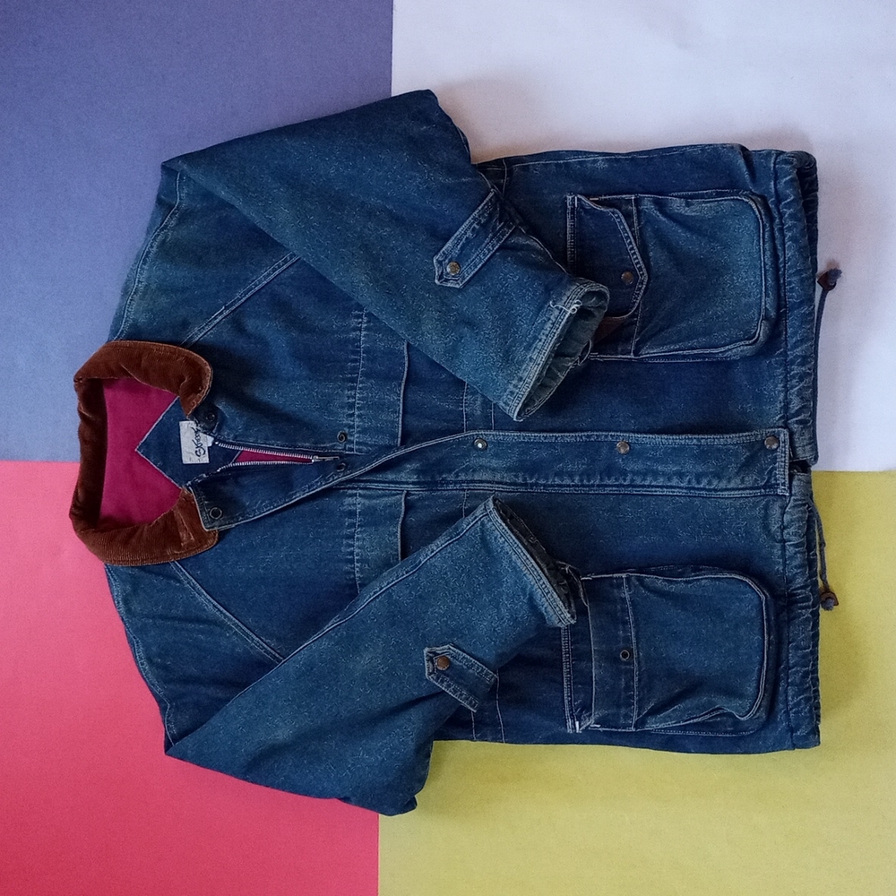 Vintage Denim Cargo Pockets Corduroy Collar Winter Insulated Jacket